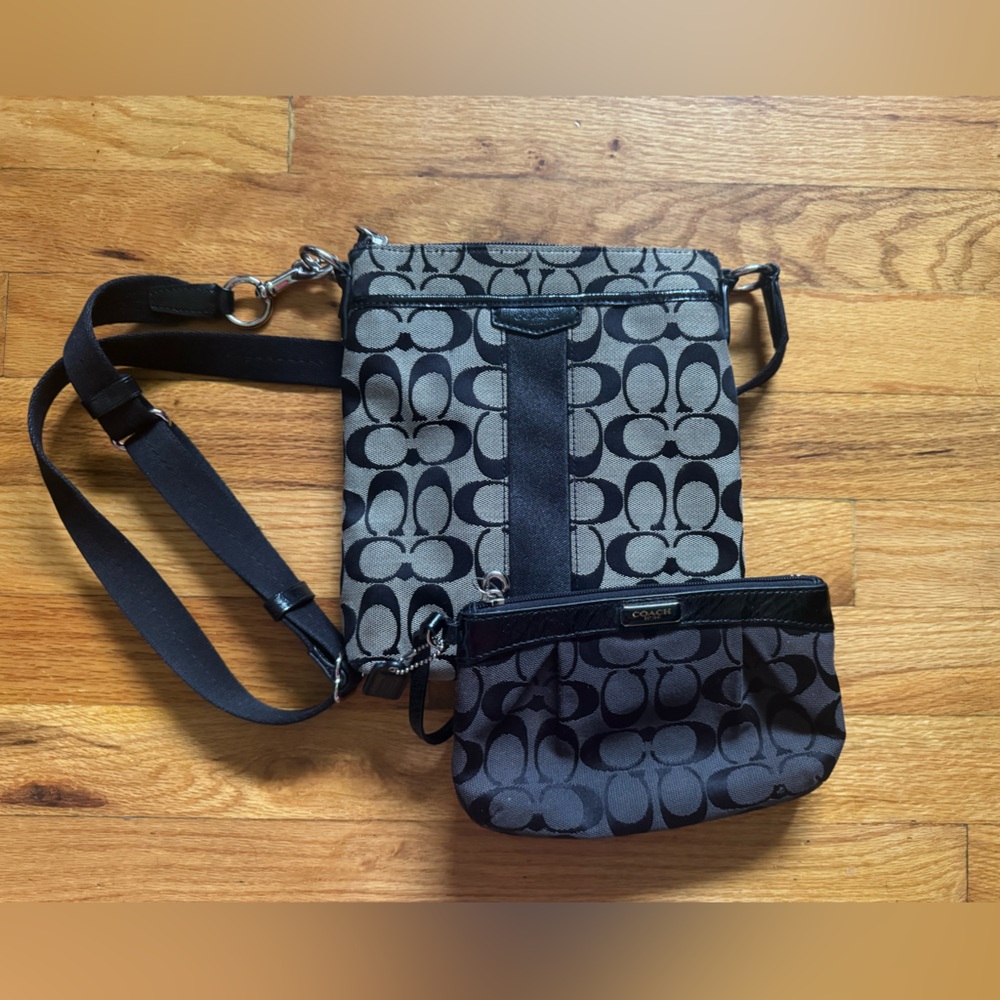 Coach Signature Black and Taupe crossbody and black wristlet set